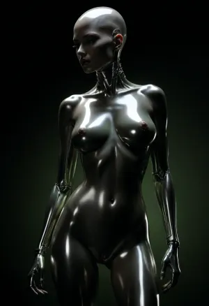 A sexy female robot with reflecting metallic chrom skin, a highly detailed and vibrant fantasy artwork, concept art nude big brest girl, art by Hajime Sorayama. She wears nothing, completely nude, chrome skin, Chrome Eroticism, smooth, reflective surfaces that enhance the metallic sheen of robots. The detailed rendering of textures, from the softness of human skin to the hardness of metal, she has no hair, bald head, dynamic lighting, lights, digital painting, intricated pose, highly detailed intricated, . digital artwork, illustrative, painterly, matte painting, highly detailed, best quality, fine detail, warm lightning, erotic, porno, subdued atmosphere, chiaroscuro, full body, full body view, light_green background. Art style inspired by Hajime Sorayama and the sexy robot series., <lora:dark:.5>