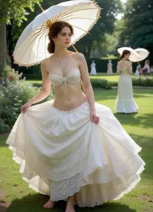 masterpiece, painting style, impressionist style, Monet style, three beautiful 35 year old women in the park, three ladies, delicate faces, in early 19th century dress, naked, breasts out, naked breasts, bare breasts, no bra, exposed breasts, small breasts, flat chest, skirts flared to the waist, no panties, exposed long legs, white skin, hairy pussy, parasol, romantic, art