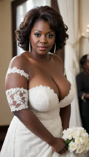 masterpiece, best quality, photorealistic, stunningly beautiful, (very naturally busty:1.6), (very dark black African GILF:1.3), (very dark skin:1.4), curvaceous, (saggy breasts:1.2), (short lace white wedding dress:1.5), white stockings, white stiletto heels, full body, NEGATIVE_HANDS, <lora:crowd_notrigger:.6>