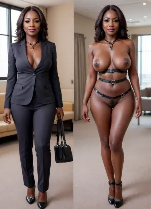 Mid journey, 50 years old nigerian, black skin, seductive face, ((wearing a business suit before, on:1.4)), high heels, busty MILF, beautiful 34E cup breasts, unshaved pussy, pierced nipples, no underwear is worn, ((wearing leather harness after, off:1.4)), onoff, full body view, piercing, <lora:OnoffXL_ExtraCrispy:.8>, <lora:nipplePiercing-v1:.5>