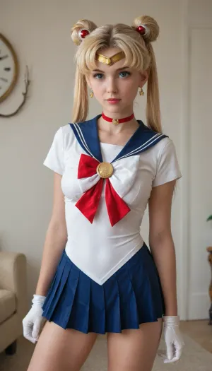 18 years blond girl in livingroom, Cosplay Sailor moon., moon_a_xl, double, bun, twintails, long, twin, tails, blonde, parted, bangs, circlet, jewelry, earrings, choker, sailor, senshi, uniform, red, bow, white, gloves, elbow, blue, skirt, <lora:セーラームーン Sailor Moon  (Pretty Soldier Sailor Moon)_XL:.8>, wxpippper, <lora:piperXL:.8>, She is trying to seduce daddy., shirtspread, <lora:shirtspreadv10_SDXL:.8>