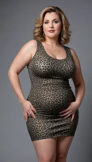 (obese, milf:1.3), A photorealistic, ultra high-resolution fashion portrait of a striking bbw obese fat mature woman, 55 years old, radiating established confidence and sophisticated elegance. She is seated upright on a modern studio stool in a minimalist, brightly lit photography studio with a neutral gray backdrop. Her body language is poised and commanding, with her legs together and feet flat on the floor, hands resting gently on her thighs.Appearance & Likeness, She has a chubby, rounded face with defined cheekbones, luscious full lips painted with polished lipstick, and captivating light blue-green eyes that are detailed and attentive. Her gaze is confident, expressive, and sociable, directed slightly toward the camera. Her makeup is refined for a fashion shoot, with warm eyeshadow, subtle eyeliner, and soft contouring. Her hair is styled in slightly wavy layers, a light brown base enriched with warm caramel and amber highlights, complemented by subtle gray streaks that emphasize her mature aesthetic.Physique & Figure, She possesses a dramatically voluminous, plus-size figure with immense sculpted density, presenting a powerful, shapely silhouette. Her upper body is defined by an ample, full chest that is robust and naturally shaped, supported by the structure of her dress. Her torso is full and smooth, creating substantial curves. Her lower body features exceptionally wide hips that transition into powerful, full thighs, with a voluminous posterior that projects immense presence. Her warm, light beige skin displays natural, realistic texture under the studio lighting, highlighting authenticity and maturity.Attire, She is wearing a sleeveless scoop-neck leopard print bodycon mini dress made of matte opaque stretch fabric. The dress has a deep beige base with dark brown and black leopard spots. The thick, dense fabric hugs her torso, bust, waist, and hips, sculpting her curves into a clean, bold line. The scoop neckline modestly frames her chest, while the hemline ends mid-thigh, emphasizing her strong thighs and wide hips. The matte finish ensures opacity and smooth contouring.Lighting & Composition, The studio lighting is bright and even, casting soft shadows that define her curves and facial features without harshness. The neutral gray background isolates her figure, while the shallow depth of field creates cinematic focus. The perspective is natural, as if captured with a 50mm lens, emphasizing realism and intimacy.Overall Effect, The image conveys poised intimacy and body-positive elegance, celebrating her mature beauty, immense sculpted volume, and confident presence. It is styled as a professional, award-winning fashion portrait, with intricate shading, highlighting, and texture detail. Cellulite on thighs