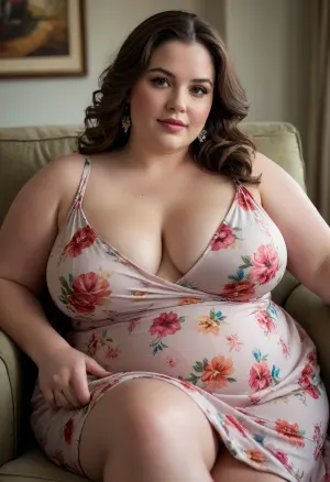 A photorealistic portrait of a mature voluptuous plus-size BBW woman reclining on her side across a chaise lounge. She wears a floral wrap dress with a deep neckline that frames her ample bust. The cinched waist sculpts her rounded torso, while the fabric drapes over her wide hips and thick thighs. Her posterior is softly rounded beneath the dress. Her gaze is warm and flirtatious, her lips softly smiling. Ambient lighting casts gentle shadows across her curves.