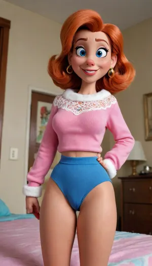 Fantasy antho, athro furry fun, fondo simple.""A 90s style cartoon illustration of milf Peg Pete from the Disney animated series Goof Troop. She is an anthropomorphic dogg, [Goofy with shoulder-length red hair, blue eyes, and a black nose. She is wearing a loose pink sweater, tight white calf-length panty, crimson high-heeled pumps, and gold hoop earrings. G string lace She is a confident, strong-willed, and friendly character, smiling and standing next to Goofy. Goofy is tall, wearing his signature orange shirty.20 eyes, The art style is flat and, lencerie pink, colorful, sexy girl characteristic of 1990s Hanna-Barbera or Disney Afternoon cartoons." Comic manga escenas, 18 años tennie, booty boobs, victoriana panty]