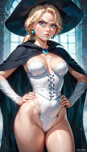 Pixar style. Beautiful woman . Light blonde hair, (annoyed:1), (chubby:.5), . Low Ponytail with bangs. Straight hair. Blue eyes., (breasts), (perky breasts:.25), Her hands are on her hips. witch outfit., (White High leg underwear)