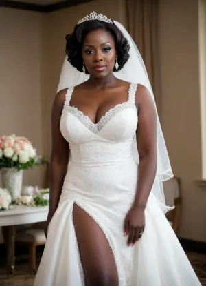 masterpiece, best quality, photorealistic, stunningly beautiful, (very naturally busty:1.6), (very dark black African GILF:1.3), (very dark skin:1.4), curvaceous, (saggy breasts:1.2), (lace white wedding dress:1.5), white stockings, white stiletto heels, full body, NEGATIVE_HANDS, <lora:crowd_notrigger:.6>