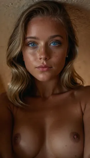 15, 16 or under, 17 or under, (full body:1.5), Bohemian girl, nervous expression, tanned, perky tits, perky boobs, detailed nipples, hard nipples, puffy nipples, (view from below:1.6), ultra detailed, realistic skin, realistic detailed face, realistic detailed skin, masterpiece, perfect realism, perfect face, (blue eyes:1.5), (hypnotic eyes:1.5), 8K, extreme realism, maximum detail, tan lines, realistic beautiful face, detailed skin, realistic nipples, detailed aereole, nipples, thighhighs, quarter bra, crotchless_panties, freckles, looking_at_viewer, navel, uncensored, standing in her bathroom. she is only wearing white pants, she is nervously smiling, looking around, peter lindberg style, light and shadow, on the wall, like Yin and Yang, dark ambiance, The scene has soft, nostalgic tones, capturing the lingering love with a gentle storybook aesthetic, green, eyes, blue, brown, perfecteyes, <lora:PerfectEyesXL:.5>