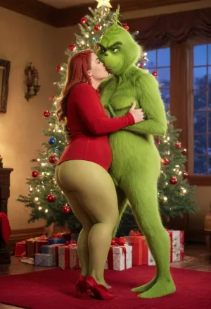 The, Grinch, standing in front of christmas tree kissing voluptuous bbw woman under misletoe, <lora:The Grinch:.9>