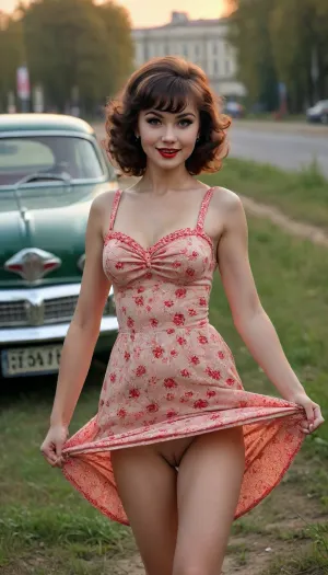 slim, athletic, muscular legs, best quality, ultra-detailed, masterpiece, finely detail, highres, 8k, caucasion brunette woman, smile, 1980s, A bright dress, straight cut bangs, in beautiful long dress, 1970s pinup model, (painting), in the Moscow, USSR Epoch, curly hair, In the wheat field, 4 a.m., With car Volga, evening, pin up, beautiful dress, in the ussr, Happy woman, 50sphotorealistic, dawma3, realistic photo, gaz3102, #Pinup, #sovietpinup, #TypicalSovietwoman, #VeryHappy #woman, #Russian, #smile, #retro, #street, #park, #USSR, #Moscow, #Ссср complex background, ((bimbo make up)), Pin up style, Soviet pin up, Typical Soviet woman, style, ussr, Moscow, Very realistic woman, FASHION PICTURE, DYNAMIC POSE, FULL LENGTH PICTURE, full body visible, slim Woman, 20 years old, A communist woman, in Moscow, ((USSR Epoch)), beautiful pin up style dress, beautiful pin up style, In stockings, perfect lighting, retro lut, retro style, 8k woman, russianebenya, professional modelshoot style 8k high definition, lifebehindironcurtain, upskirt, vagina, out, rear, shot, front, but, <lora:upskirt:.8>, <lora:BUT_SDXL_SHS:.8>