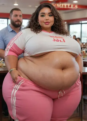 (masterpiece, best quality), (location is a McDonald’s restaurant), (standing), (1 fat woman + 1 muscular men), ((A very lush and voluptuous very beautiful short Lebanese 20-year-old chubby girl with a beautiful bronze tanned skin with massive wide thighs and chubby cheeks and a very pretty chubby face with double chin and very long brown curly hair wearing a complete pink tracksuit and white shirt underneath very realistic green eyes, lips parted, perfect heavy sexy bimbo makeup, juicy red glossy lips, (fat girl:1.4), (obese girl:1.4), (very chubby fat face:1.6), (very chubby fat cheeks:1.5), (chubby neck:1.2), (fat creases on Belly:1.4), (fat rolls:1.4), (thick chubby lovehandles:1.2), (wide hips:1.2), (fat bubble butt:1.2), (chubby thighs:1.2), (chubby belly:1.2), (chubby girl:1.4), (chubby arms), seductive eyes, ((tall handsome athletic muscular man with a big beard behind the women who grabs on her hips:1.7)), sexy head-tilt, captured with a Leica M10, Leica Summilux 50mm f/1.4 lens, sharp focus, best shadow, score_9, score_8_up, 8K, UHD, clear image, extremely sharp, extremely detailed, extremely intricate detail, high res, ultra-high-definition, highly detailed, ultra-sharp textures, finely detailed, perfect skin texture, hyperrealistic lighting, professional photography, full dynamic range, deep contrast, high clarity, realistic depth of field, HDR, perfect exposure, smooth gradients, volumetric lighting, natural reflections, ultra-fine details, realistic skin pores, individual hair strands, bokeh, soft shadows, color-graded, NEGATIVE_HANDS, igbebe)), igbebe, <lora:attractive_notrigger:2>, <lora:IG_Babe:2>