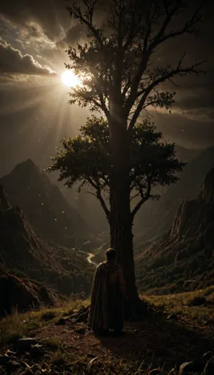 An epic cinematic scene, a lone Shaolin monk sits beneath a massive ancient tree rooted at the edge of a high cliff. He calmly chews a single blade of grass while staring into the vast horizon. Powerful winds whip his robes like banners. Storm clouds swirl above distant mountain peaks. Sun rays break through the darkness, casting dramatic golden light on the monk and the tree. Falling leaves spin in the air like embers. Majestic landscape, sweeping scale, ultra-detailed textures, dynamic lighting, heroic atmosphere, mythic tone., <lora:AdvancedEnhancerXLv2:.8>, <lora:b8174d41-8ba7-4318-bc14-53ee7e353d91.TA_trained:2>, <lora:LCMTurboMix_Euler_A_fix:1.4>, <lora:Sweaty_Realism_4-000006:2>, <lora:dark:.5>