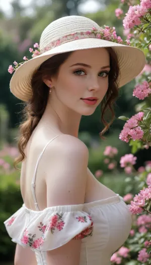 (((Closeup POV))), (((Busty:1.5))), skinny, year old MILF, (((white dress with small pink flowers pattern))), (((young pale porcelain skin actress:1.5))), dark brunette bun, elegant, classy, formal, makeup, smiling, beautiful detailed eyes, key visual, vibrant, highly detailed, in an English garden, wide brimmed sun hat, <lora:bombshell_v2:.6>, <lora:MJ52:.1>