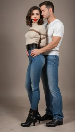 (1 woman + 1 man), helen parr is, (tied in bondage:1.3), (standing:1.2), and she have her, (hands tied in her back:1.4), she get her, (ass groped by a man:1.3), standing in her back, (ass grab:1.4), small breasts, petite, (extremely big round buttocks:1.3), (high waist tight jeans:1.3), (high heels leather high boots:1.3), (slim waist), beautiful face, tan skin, tan long sleeve shirt, full body, side view, clothes, ballgag, ruined, makeup, <lora:ahxl_v1:2>, <lora:sdxl_ballgags:1.8>, <lora:shibari_bondage_-_v0.9.1.2-000010:1.9>, <lora:ruined1:1.4>