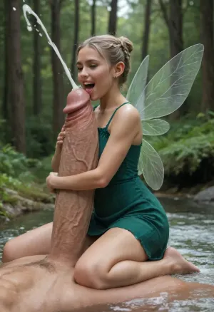 A small pixie fairy, green tattered low-cut dress, grinding and riding on a Giants veiny monster cock feverishly, bigger than body, gripping it tightly, side view from above, in a fairy tale enchanted Forest, Platinum blonde hair up in braids and buns, blonde, fairy wings, hugging and straddling a massive giant body sized hyper-cock, licking and humping giant massive giant hyper cock, laughing, happy, wrapping legs around, massive bukkake soaking drenching dripping squirting cum facial, titjob, sucking on the tip, aerial cumshot squirting