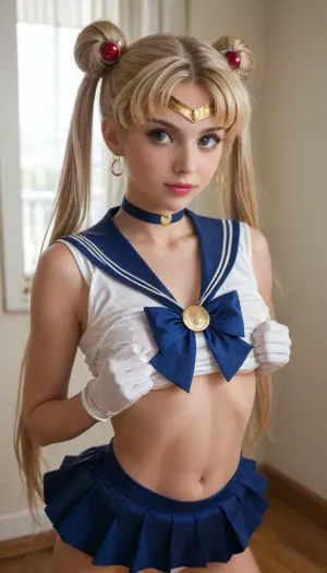 18 years blond girl in livingroom, Cosplay Sailor moon., moon_a_xl, double, bun, twintails, long, twin, tails, blonde, parted, bangs, circlet, jewelry, earrings, choker, sailor, senshi, uniform, red, bow, white, gloves, elbow, blue, skirt, <lora:セーラームーン Sailor Moon  (Pretty Soldier Sailor Moon)_XL:.8>, wxpippper, <lora:piperXL:.8>, She is trying to seduce daddy., shirtspread, <lora:shirtspreadv10_SDXL:.8>, skirtlift, <lora:skirtlift_xl:.8>