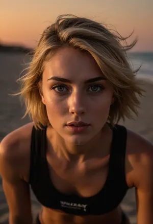 ziprealism, (21 Year old, fitness model, inspirational athleticware esthetic, empowering, beach sunset:1.6), (perfect eyes, focus on eyes:1.2), (shallow depth of field, layered composition, analog lens, low angle view:1.4), (split lighting, dramatic shadows:1.8), (leaning forward, sprinter, crouching, coiled:1.4), (ultra realistic, 8k, 4k, ultra-detailed, Instagram model, professional photography, maximum quality, uhd, RAW photograph), Scandinavian, Viking, Irish, Scottish, (grey eyes, gray eyes, large expressive eyes, catchlights), (detailed eyes, high resolution eyes, natural skin texture, high quality eyes), (fit body, toned body, athletic body, muscular shoulders), (large breasts, soft breasts), (wide jaw, strong jaw, square jaw, prominent high cheekbones, lean face), (ash-blonde hair with dark roots:1.2), (bob cut hair, asymmetric haircut, swept-back hair style, windblown hair:1.4), (determined expression, fierce competitor:1.2), Stable-Yogis-Makeup-Enhancer-XL