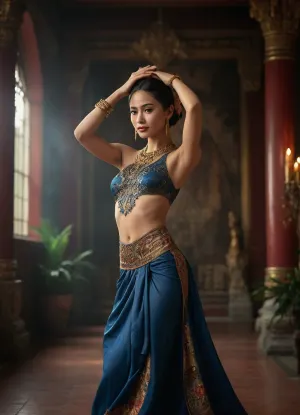 A photorealistic scene set in an ancient Thai temple, featuring a beautiful Thai dancer in traditional attire. The dancer is performing an elegant, graceful dance, her movements fluid and captivating, perfect face, perfect hands, Her clothing is intricately detailed, with vibrant colors and traditional patterns. The setting is lush and atmospheric, with ancient stone structures, tropical plants, and soft, natural lighting. The dancer’s face and body are depicted with exquisite detail, capturing the elegance and grace of the moment. The scene is designed to be both sensual and highly detailed, focusing on the dancer’s expression, attire, and the ambiance of the temple, (high resolution:1.5), 8k, perfect realistic photo, smoky blues toward the back of the room. Volumetric smoke effects, highly detailed vintage fabrics, soft cinematic depth, run-down Parisian cabaret elegance, 19th-century atmosphere, richly textured environment, (ziprealism:1.3), sunshine in face, ultra-sharp details, realistic skin texture, refined contrast, 8k detail, authentic facial expression, clean composition, (maximum photo quality:1.4), (maximum resolution:1.5)