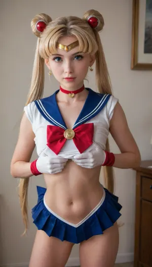 18 years blond girl in livingroom, Cosplay Sailor moon., moon_a_xl, double, bun, twintails, long, twin, tails, blonde, parted, bangs, circlet, jewelry, earrings, choker, sailor, senshi, uniform, red, bow, white, gloves, elbow, blue, skirt, <lora:セーラームーン Sailor Moon  (Pretty Soldier Sailor Moon)_XL:.8>, wxpippper, <lora:piperXL:.8>, She is trying to seduce daddy., shirtspread, <lora:shirtspreadv10_SDXL:.8>, skirtlift, <lora:skirtlift_xl:.8>