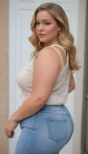 Plus size Clothing model. Detailed face closeup. huge giant wide ass, Photorealistic. Plus size jeans fashion style image. Full body view, plus size, Mang moles. Freckles on chest. dirty blonde, prominent bulging fupa, age 60, waiting at the open the door, stairs, extremely fat large chubby soft arms, focus face, look at the viewer, rear to side view, very wide broad hips, curvy, bbw chubby milf, tall large, woman, pale skin, fat thick arms, wide low sagging butt cheeks, freckles. dirty blond long hair, bob haristyle, areola. freckles, cloudy day, earrings, (very small sheer sleeveless blouse open buttons), open some buttons, deep neckline, ((pookies)), skirt, barefoot, pretty handbag, date, elegant, pretty, outside, modern house, garage, street, courtyard entrance, light by flash, looks like a real pic, stretch, marks, tpsp, <lora:stretch_marks:.4>, <lora:Torpedo_Tits_Anime-GMR-000007:.1>, <lora:Perfect_Eyes:.6>