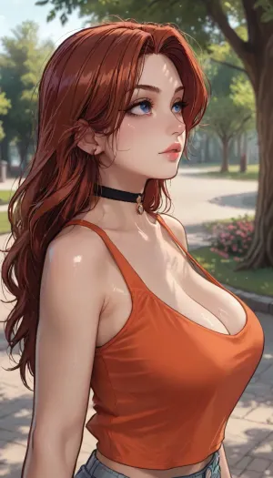 ((Melkor mancin meet markgavatino style)), reiq style, masterpiece, ((1woman, side view, 8k resolution, ultra-detailed, pale skin)), Redhead girl, long hair, wearing circle cleavage orange shirt, (giant round breasts), ((square defined jaw)), make up, at day, park and treed in background, detailed background, bust shot, 10° angle view, Sexy Girl, choker, (Shiny Skin), ratatatat74, <lora:LCMTurboMix_Euler_A_fix:1.1>, <lora:ratatatat74-000050:1.6>, <lora:mk_Bp Anime_xl:1.7>, <lora:merratatustle_illustrious_v1_vpred:1.7>, <lora:AshMilkshake_Illustrious_v1:1.9>