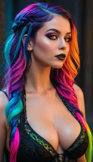 (Masterpiece), hyperrealistic render of a 25 years old woman, (goth_baddie:1.25), ((glowing fluorescent color pallet)), (full body view, most of body in view), (looking at viewer), the most beautiful woman, perfect tanned_skin, multicolored hair with multicolored_streaks, long hair, beautiful model face, detailed realistic face, puffy lips, detailed eyes, large perky natural breasts, ((focus on generating perfectly sculpted breasts)), firm tits, cleavage, perfect nipple placement, (nipple symmetry), semi_toned, slender, athletic_curvy, hourglass figure, highly detailed, intricate details, (best, quality), well-proportioned, intricate small partial_hair_braid, (amazing, curves), (photorealistic), natural, beauty, glowing, fluorescent, iridescent, fluxenh4nce, face_refiner, detailxl, ARW, <lora:FLUXEnh4nce:2>, <lora:HyperFlux-000001:2>, <lora:SDXL LoRA ARW Color palette:2>