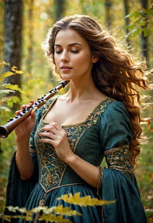 A woman with her hair blowing in the wind against a backdrop of swirling leaves, dressed in a medieval gown, plays the music of the wind in the forest on a wooden flute. A realistic, softly focused, atmospheric, detailed illustration with a gentle smile.