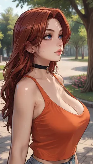 ((Melkor mancin meet markgavatino style)), reiq style, masterpiece, ((1woman, side view, 8k resolution, ultra-detailed, pale skin)), Redhead girl, long hair, wearing circle cleavage orange shirt, (giant round breasts), ((square defined jaw)), make up, at day, park and treed in background, detailed background, bust shot, 10° angle view, Sexy Girl, choker, (Shiny Skin), ratatatat74, <lora:LCMTurboMix_Euler_A_fix:1.1>, <lora:ratatatat74-000050:1.6>, <lora:mk_Bp Anime_xl:1.7>, <lora:merratatustle_illustrious_v1_vpred:1.7>, <lora:AshMilkshake_Illustrious_v1:1.9>