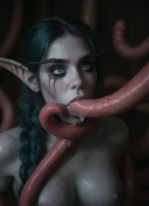 (maximum details:1.5), (warcraft art style:1.44), (night elf female:1.43), (pale blue skin:1.6), glowing blue eyes, extreme closeup, very cute, teal hair in long braid, in dark thick woods at night, (pink tentacles:1.4), (wet tentacles:1.1), (oral penetration:1.35), (full cheeks:1.2), (cumshot, cum on face, cum dripping face, cum dripping chin cum spewing mouth), (cum flowing nose, cum leaking nose:1.35), (ruined makeup:1.4), eye liner, thick cum threads, long white hair, extra cute, extremely pretty, bright blue eyes, cute round face and gorgeous face structure, gorgeous model face, distinct face, ((wet hair)), (cinematic masterpiece), naughty aesthetic, insatiable beauty, <lora:dark:1.2>, woman, cum, on, face, <lora:JustCum:.8>, holding tentacles, tentacles in hand, (strangled by tentacles:1.2), ((looking up)), (tired:1.4), (exhausted:1.6), (crying, tearful eyes:1.3), (strangled breasts:1.3), medium breasts, tentacles over breasts, (eyes wide open, surprised:1.5), ((thick cum, sticky cum, opaque cum)), mouth full of tentacle