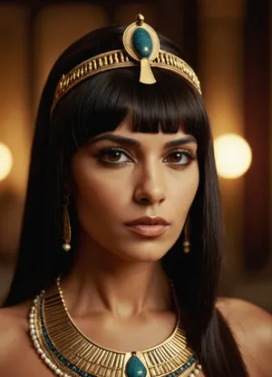 cleopatra, 35 years old, egyptian, brown eyes, sexy lips, straight hair, mysterious, cleopatra haircut with beads, small crown