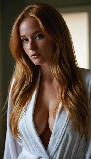 Shy girl next door that is secretly thick as hell with a round ass and perfect huge tits. Long strawberryblond hair with golden highlights, light freckles, Wearing white bathrobe, view to the front