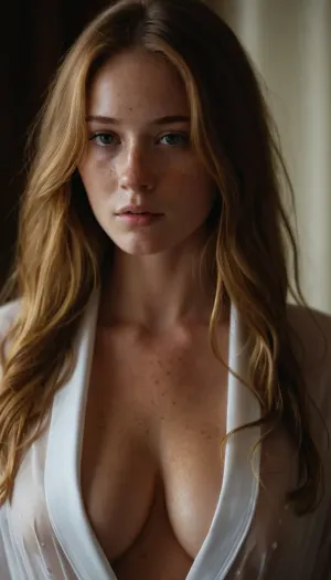 Shy girl next door, age 18, that is secretly thick as hell with perfect huge tits. Long light brown hair with golden highlights. freckles, Wearing a white transparent dressing gown, view to the front
