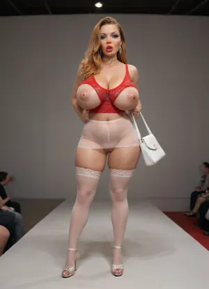 very beautiful jessica rabbit, very stupid whore, thin orange hair superlong, very big eyes almond shaped, ultra big swollen pussy, very long fake eyelashes, blue eyeliners, ultra heavy vulgar makeup, choker, ultra big lips, lips ultra glossy dark-red lipstick, (bimbo lips:1.5), (bimbo cameltoe:1.5), (see-through:1.5), (sagging breasts:1.2), (elegant white bag in hand, white lace micro skirt, white lace stockings:1.2), earrings creoles, skin imperfrctions, very realistic skin texture, red cheeks, red mesh crop top latex cleavage, perfect hourglas figure, ulta long legs, Gigantig very sagging boobs, puffy nipples flashing, sweating, very detailed realistic highest resolution, standing view, (public living fashion catwalk indoor podium:1.4), big cellulite ass, random poses, back view, frontal view, side view, plump, skindentation, chubby, bbw, venus, body, big, breasts, ass, seethru, catwalk, runway, fashion, show, <lora:Chubby BBW - XL:2>, <lora:seethruv3_SDXL:2>, <lora:add-detail-xl:2>, <lora:detailed_notrigger:2>, <lora:polyhedron_catwalk-000006:2>