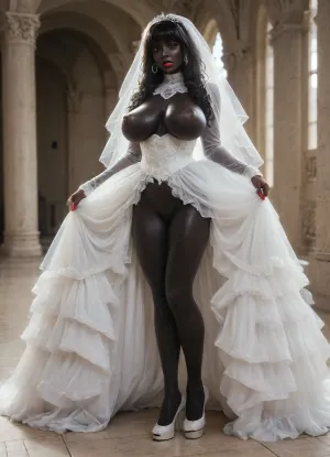 The dominant lady, (clear image), photorealistic, high res, (black skin:3), full body in frame, perfect illumination, (manicure, long red nails), (extremely detailed, ultra realistic), best quality, focus on arms legs face, ultra-detailed, finely detail, (((massive HHH cup Breasts))), super shiny tits, erect nipples, long nipples, large areolas, long hair, perfect ass, shapely legs, long legs, ((makeup:1.5), long blue eyelashes, olive eye shadow with sequins), (high-quality facial treatment:1.3), large plump lips bimbo in red lipstick with a glossy wide pink outline and a slightly open mouth, (hairstyle with five pigtails straight bangs of blue with sequins:1.2), pupil eyes like a snake, (milky mucus is flowing from the pussy:1.2), white, thighhighs, hair, on, one, eye, frills, puff, sleeves, (white, bridal, dress, veil:1.5), ChristmasDecorativeStyle, <lora:Nier_Automata_2B_White_Wedding_Dress_Bride_Cosplay_Realistic_LoRA:1.3>, <lora:ChristmasPostcardStyleXL:2>