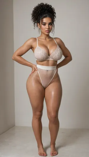 (4k photo), (detailed cute face, extremely cute sexy face), (straight hair, Dominican blowout hairstyle, Dominican blowout straight hair, extremely straight hair, side part), ((Latina, dark skin)), (dark skin tan lines), wet skin, big lips, full lips, glossy lipstick, extremely small waist, wasp waist, tight waist, huge thick thighs, defined thick thighs, large wide hips, huge wide hips, (full body), thin eyebrows, colossal ass, colossal booty, (stacked, curvy), oiled shiny skin, (extremely tight bra, cant fit bra, round breasts, full breasts), sun tan, extremely stacked, makeup, extremely tight underwear