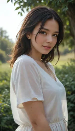 half body, A picturesque, 3/4 view portrait of an asian girl with short black wavy black hair, black hair, side view, tiny boobs, white transparent tunic, outside, facing side, early morning, 4ng3l, face, view from below, looking at viewer, smiling, <lora:SDXL_BetterFaces-LoRA_v1:.5>, Port of Antibes, nostalgic mood. 35mm format, cinematic golden tones, the charm of the Riviera, Detailed, hand, Hand, Perfect, <lora:Hand v2:.8>, perfection, style, <lora:perfection style v2d:.8>