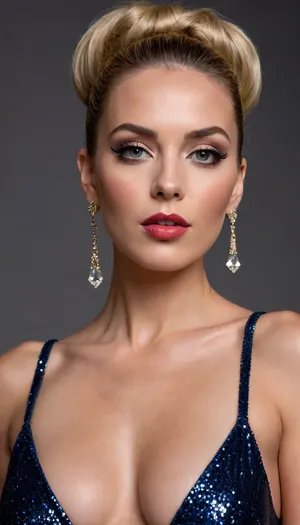 Full view including heels, woman is a 49-year-old lady wearing a deep navy, floor-length sequin gown, body-hugging with sharp geometric sequin patterns. High-heeled stilettos visible, elegant and commanding. Blonde hair styled in a tight chignon bun, blunt bangs framing the face, sleek lengths cascading down her back. Brash, bold statement jewelry — oversized crystal drop earrings, heavy gold cuff bracelets, stacked rings. Bold high-glam makeup with severe contour, dramatic dark eyes, sculpted brows, glossy lips. Cold, intimidating expression, dominant posture, powerful presence. Shot as a full-body composition from head to toe, cinematic high-contrast lighting, luxury fashion realism, sharp focus, detailed fabric texture, realistic skin, photorealistic, high detail.