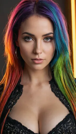 (Masterpiece), hyperrealistic render of a 25 years old woman, (goth_baddie:1.25), (intricate), ((glowing fluorescent color pallet)), (full body view, most of body in view), (looking at viewer), the most beautiful woman, perfect_skin, multicolored hair with multicolored_streaks, long hair, beautiful model face, detailed realistic face, pointy chin, puffy lips, detailed eyes, large perky natural breasts, ((focus on generating perfectly sculpted breasts)), firm tits, cleavage, perfect nipple placement, (nipple symmetry), semi_toned, slender, athletic_curvy, hourglass figure, highly detailed, intricate details, (best, quality), well-proportioned, intricate small partial_hair_braid, (amazing, curves), (photorealistic), natural, beauty, glowing, fluorescent, fluxenh4nce, ARW, detailxl, <lora:FLUXEnh4nce:2>, <lora:SDXL LoRA ARW Color palette:2>, <lora:Misses91:2>