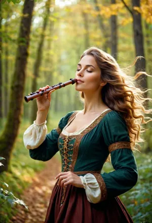 A woman with her hair blowing in the wind against a backdrop of swirling leaves, dressed in a medieval dress, plays the music of the wind in the forest on a wooden flute. Realistic, with a soft focus, a gentle smile, atmospheric, detailed illustration.