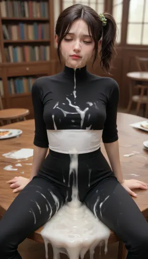 score_9, photorealistic, sits in library, huge penis at side, sitting at table, Black hair, wavy hair, side ponytail, closed eyes, sad face, throw back head, nude tits, round face, smile lines, athletic body, skin tight black shirt, (narrow waist:1.4), (huge cum on face:1.8), (huge cum covered clothes:1.8), (cum on black pants:1.6), cum dripping huge penis, page, braless, Wearing, clothes, that, make, sense, with, Braless>, woman, cum, on, face