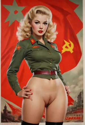 Pov photo, Instagram model face, Russian, ((blonde from St Petersburg)), (((bottomless))), (((bare ass))), (((fluffy blonde heavily hairyvpube))), bimbo, (((((Soviet Russian Communist))))), ((Juche)), patriotism, wet sweaty body, big text on poster, sweaty body, (((green tight soviet military uniform 50's))), (((old soviet military poster, pin up 1940's))), (((Pin up. Movie poster 1950's))), ((german army rubber uniform)), stockings, fat red lips, Photography, photorealism, a beautiful army woman, tall, beautiful perfect figure, long hair, Knee-high boots, perfect tall legs, charming eyes, sad yet gracious face, dark background, fantasy art capturing the style of Aaron Horkey, Jeremy Mann and Luis Royo, body-focused composition from a low angle, alluring figure, dark fantasy, dynamic composition, black white photo 1950's, red lipstick, warm hues, showcases acrylic calligraphy, watercolor techniques integrated seamlessly into a maximalist masterpiece, detailed with gouache fluidity, golden hour light, hyperrealism, hypperrealistic, hyperdetailed, 64k, ultraHDR, Movie, Poster, page, <lora:Movie Poster:.5>, <lora:Pussy_pants_nohands_D03_realvizXL2_bucket_01-000010:.5>