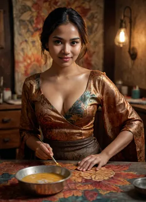 A stunning 25-year-old Indonesian woman, rendered in ultra-realistic 8K, paints a batik design with wax. With a perfect hourglass figure, wearing an elaborate, half-unbuttoned kevaya that reveals her ample curves, she paints a batik design on fabric using a copper tool. In the workshop, during the golden hour, she precisely paints with a copper tool on the fabric while looking directly at the camera with a seductive smile. The image captures intricate floral details drawn onto the fabric, a container of melted wax beside her, dramatic edge lighting, and cinematic color gradation.