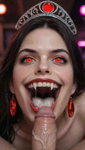 hyper detailed hyper realistic natural petite cutie, 22 years old beautiful vampire queen, (very slim), nightclub, very detailed face, white teeth, white vampire teeth, vampire fangs, pale woman with black hair, Vampire Queen sucks penis, crazy evil face, close up, red eyes, shining red eyes, creepy red glowing eyes, (((very long vampiric fangs))), crazy laugh, crazy face, luxurious tiara in the style of dark fantasy, Vampire fangs, symmetrical epic fantasy art, dark fantasy, big mouth, Wide open mouth, purple lights, neon, colorful, high detail, impeccable image quality, Evil laugh, evil grin, raised eyebrows, ultrarealism, cockbiting, a lot of cum, facial, mouth full of cum, biting shaft, vampirebiting, 1girl, big penis, hetero, 1boy, fellatio, oral, solo, focus, pov, fangs, cum, sperm, huge cum, lot of cum on body, cum on here, Pale skin, almost white skin, red cheeks, very pale skin