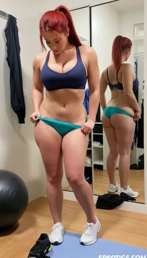 Busty red head in a sports bra. Thick athletic legs in sexy underwear. She’s changing clothes in a dressing room.