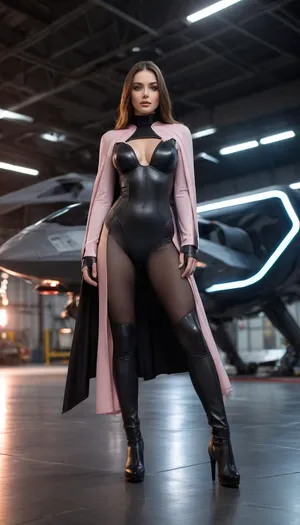 Dynamic angle shot of a sleek VTOL ckspaceship star-fighter on a platform as the main focal point. in a high tech military hangar made of black steel with futuristic lights and sleek reflective floors. The foreground features a cowboy shot of a woman wearing an avant-garde, futuristic, and very revealing executioner's uniform with intricate, high-tech designs. The suit is sleek matte black and semi-translucent, its ephemeral surface emitting soft light while tracing her voluptuous feminine contours that merge functionality with futuristic fashion and features a chest cutout for ventilation. The deep, massively full cleavage of her huge breasts presses into the opening. Her hood, a darkly intimidating masterpiece, features a sleek transparent visor, seamlessly overlaid without obstructing her vision and attaches to a matte black cape that is billowing behind her. The faint glow of the digital interface subtly illuminating her almond-shaped eyes, accentuated by minimalist makeup, and her softly pink lips. Her pale, smooth complexion carries a gentle blush, standing out against the cool tones of her suit and surroundings. The ckspaceship star-fighter is black and compliments the sleek modernity of the design, emphasizing her presence against the weaponry. The image creates an atmosphere of beauty and technological power, immersing the viewer in a moment of cutting-edge technological sophistication and futuristic elegance.
