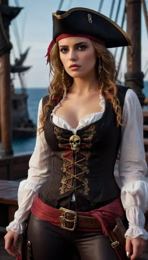 ((Elizabeth swann)), Pirates of the carribean, (skull pirate hat and eye patch), hyper realistic face, detailed face, female pirate queen, hero view, action pose, extremely beautiful detailed piercing eyes, cinematic scene, scenery, detailed background, masterpiece, best quality, high quality, absurdres, very detailed, high resolution, sharp, sharp image, 8k, vivid, colorful, h41ry, pir4t4, <lora:h41ry:.5>, <lora:sdxl_pirate-v7:.8>