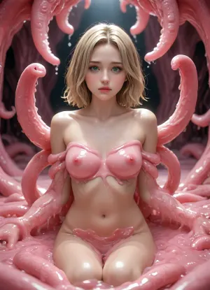 (((alien female with multiple pink octopus arms))), detailed octopus arms, melting, (in a pink slimy cave), background is pink slime cave, walls made of pink slime, (lots of pink slime), masterpiece, best quality, highly detailed, sweaty, roseblonde hair, hotsquat, (green eyes), blushing, aroused, ahego, bondage, legs restrained in slime, ((pink veiny tentacles)), (ral-octprms), (alienailf), <lora:White_Pink_Tentacle_Slime-000007:2>, <lora:ral-octprms-sdxl:2>, <lora:Aliens_AILF_SDXL:2>