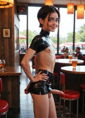Masterpiece, quality image, very height quality, realistic image, detailed face, detailed eyes, detailed body, side view, ((a young Femboy man is standing in a restaurant, 18 eo)), ((he is dressed in a black leather micro-skirt, a white micro blouse)), ((a skinny body, skinny ass, a thin face, thin legs, a thin waist)), small tits, puffy nipples, ((A fat man is sitting on the floor in front of a Femboy)), he is dressed in a suit, a very big man, a very drunk man, ((the man stuck his finger into femboy's anus)), ((a man holds a trans man by the ass)), ((Femboy butt trick)), there are a lot of people around, people around, Femboy has a strong orgasm, he rolls his eyes, Femboy orgasms, Femboy holds a tray with a cocktail in his hands, anal penetrate, erect small penis, testicles, dangling testicles, hairy testicles, anal tunnel, ((very big dripping anal hole:1.5)), (((A viscous liquid is leaking out of the anus, very crooked legs))), smile, navel piercing, ear piercing, eyebrow piercing, nose piercing, tattoos, tan, smiles, facial, expression, supermodel, face, big, lips, zavy-ctflt, drawing, <lora:Expressions XL:.5>, <lora:Beautify-Supermodel-SDXL:.5>, <lora:zavy-ctflt-sdxl:.8>