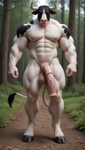 1solo furry humanbull, furry bull, solo, full body view, front view, full figured brown big anthro furry bull exposes its self, in the forest, huge knotty cock, big ass, wide open asshole, hard erection, full exposed, hooves, horse phallus, horse penis, equine cock. Bovine humanoid. Horns. White fur. Bulky. Oversized muscles. Body builder. Muscles. Body covered in white fur with large black spots. Cow colors. Flared cock. Bulky. Cow tail. Bulging veins muscles. Black fur spots.