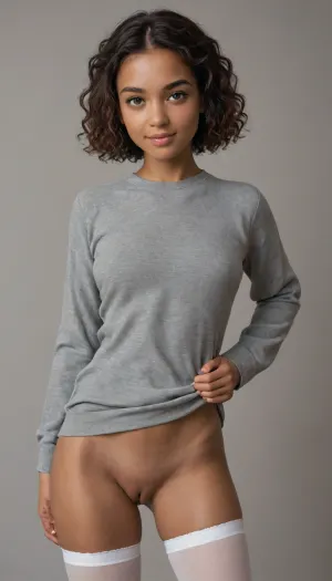 Cute girl, 19 years old, long wavy braided hair, (dark skin:1.8), (short and slim body:1), rounded hips, looking at viewer, smiling happily, brown hair in a short wavy bob cut, gray sweatshirt, no panties, no skirt, white thigh-high stockings, hand on hip, legs spread wide, deep black background