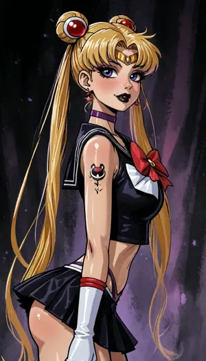 (reiq meets innv and markgavatino style:1.2), hypersaturated colors, (oblique side view, mature older woman focused on her portrait style optimized for printing on a large area), ((Sailor Moon, black lipstick sultry pose she is moving her thigh to expose panties)), front body view with short pleated skirt showing perky butt cheeks, thong lines, gloves, subtle lewd smirk, tattoo, earrings, purple choker, solo sultry foggy steamy, ((cute psychedelic abstract background night burlesque bedroom:.9)), shiny necklace, (background is Goth Moon), 8k ultra high definition, <lora:LCMTurboMix_Euler_A_fix:1.1>, <lora:EnvyBeautyXL02:1.1>, <lora:EnvyAnimeDigitalPaintingXL01:1.1>